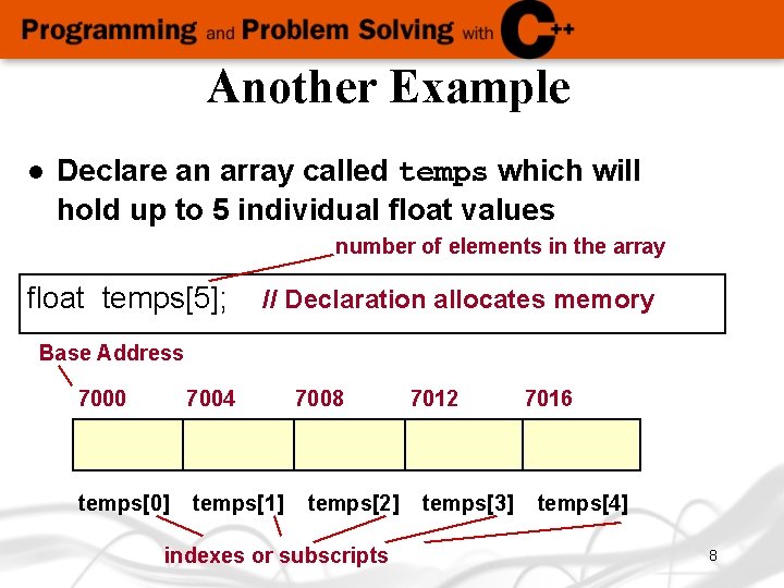 Another Example l Declare an array called temps which will hold up to 5