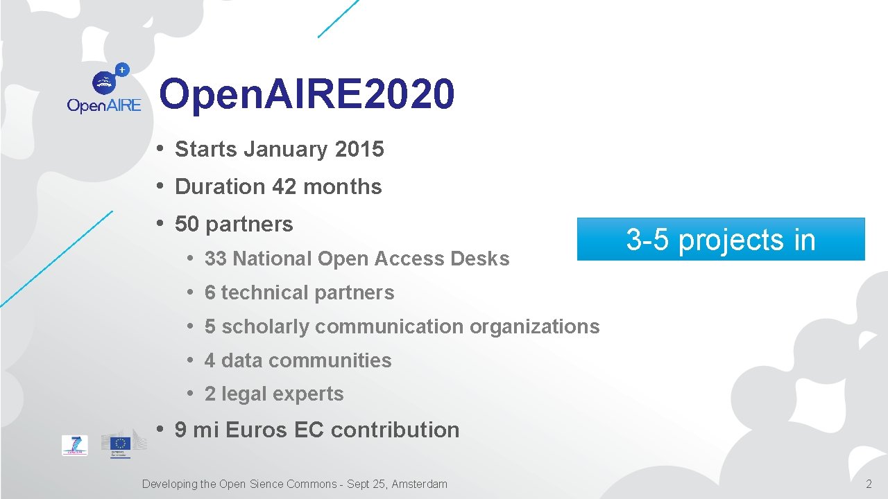 Open. AIRE 2020 • Starts January 2015 • Duration 42 months • 50 partners