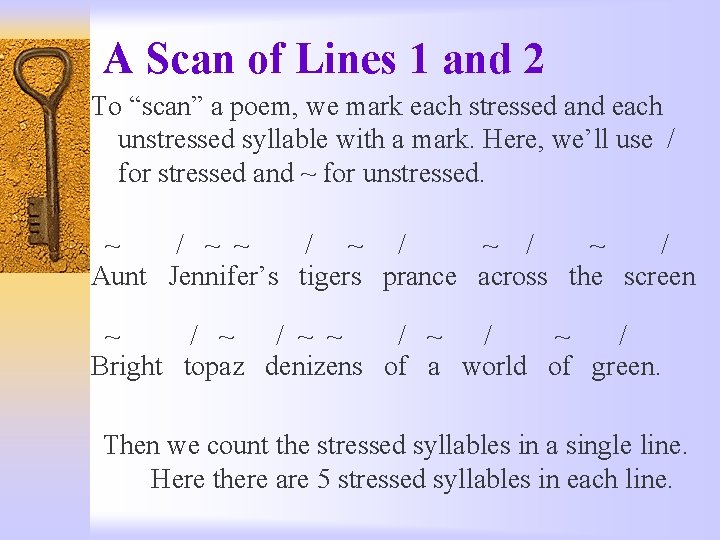 A Scan of Lines 1 and 2 To “scan” a poem, we mark each