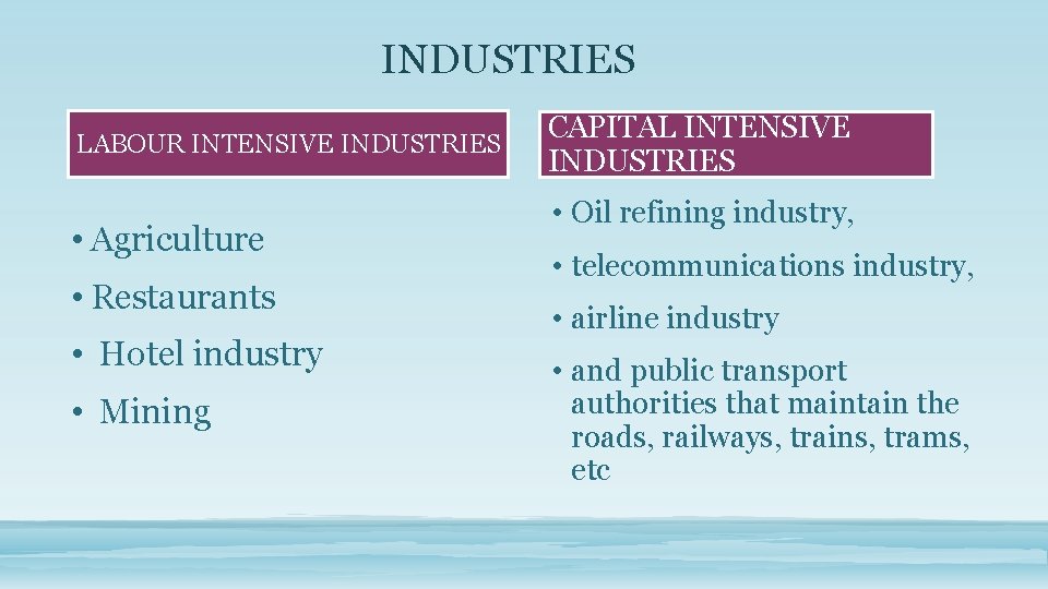 INDUSTRIES LABOUR INTENSIVE INDUSTRIES • Agriculture • Restaurants • Hotel industry • Mining CAPITAL