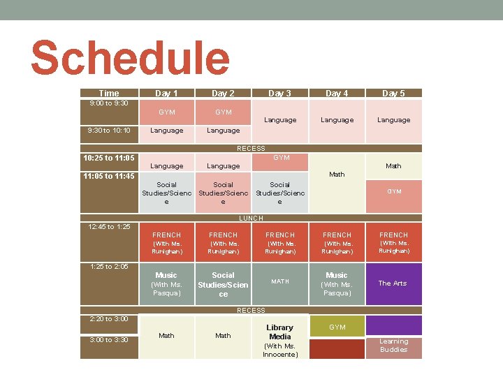 Schedule Time Day 1 Day 2 GYM Language Day 3 Day 4 Day 5