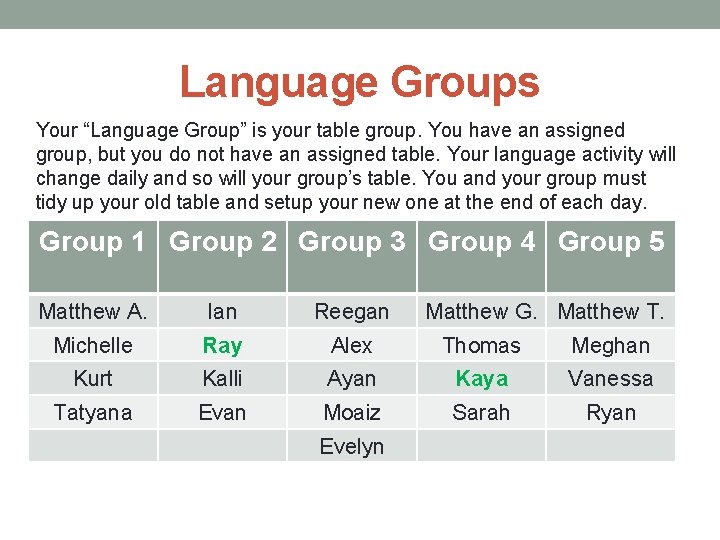 Language Groups Your “Language Group” is your table group. You have an assigned group,