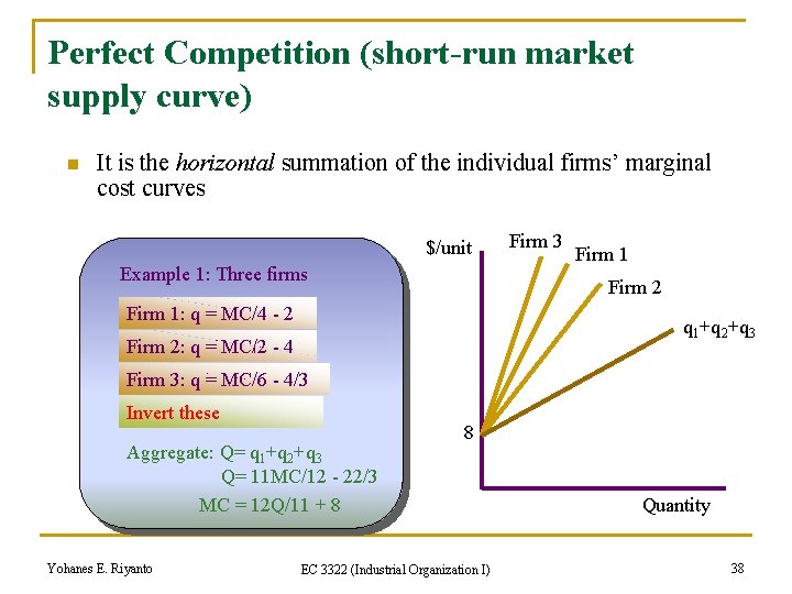 Perfect Competition (short-run market supply curve) n It is the horizontal summation of the