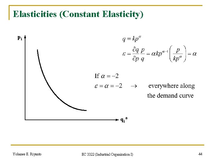Elasticities (Constant Elasticity) pi qi* Yohanes E. Riyanto EC 3322 (Industrial Organization I) 44