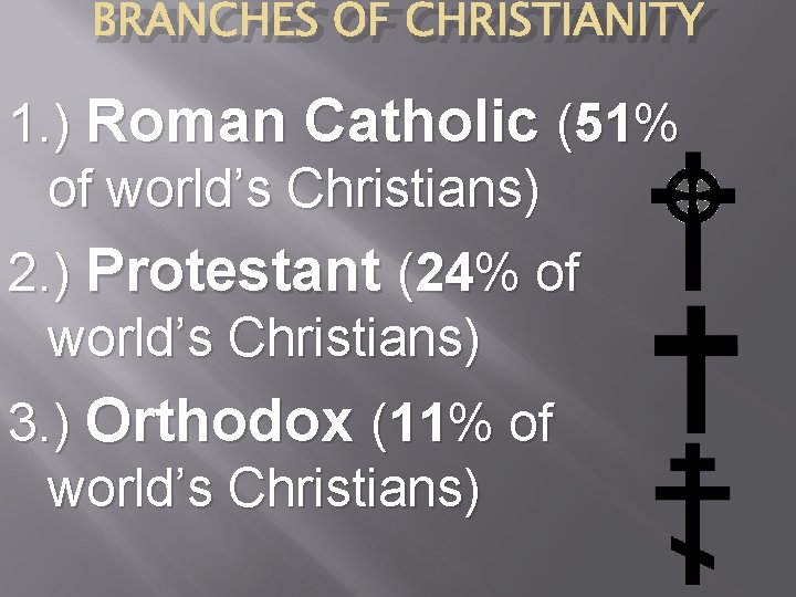 BRANCHES OF CHRISTIANITY 1. ) Roman Catholic (51% of world’s Christians) 2. ) Protestant