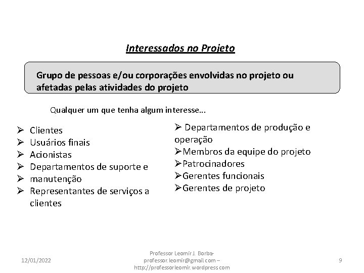 Interessados no Projeto Grupo de pessoas e/ou corporações envolvidas no projeto ou afetadas pelas