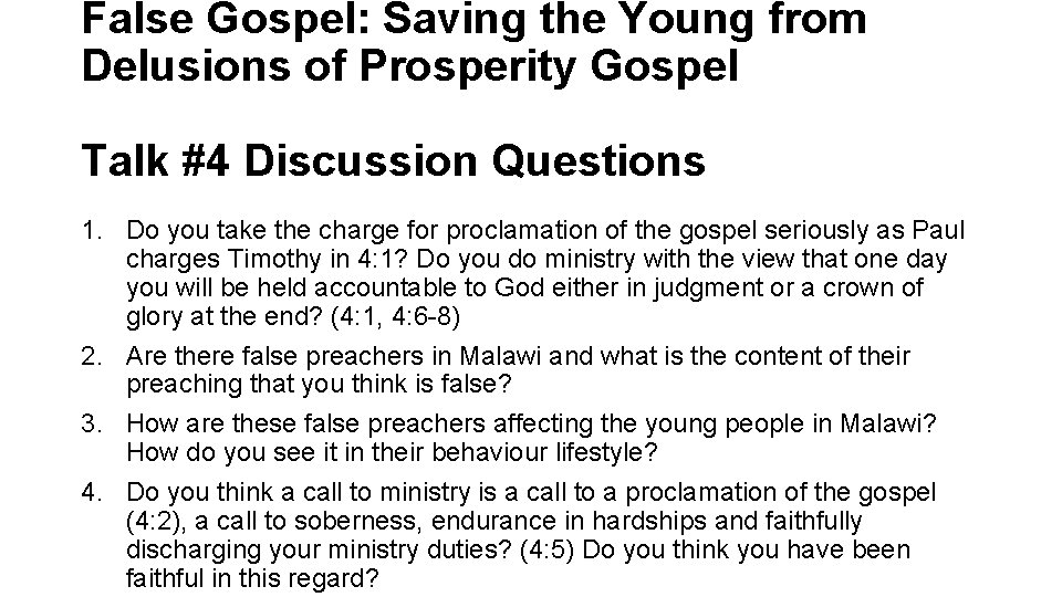 False Gospel: Saving the Young from Delusions of Prosperity Gospel Talk #4 Discussion Questions