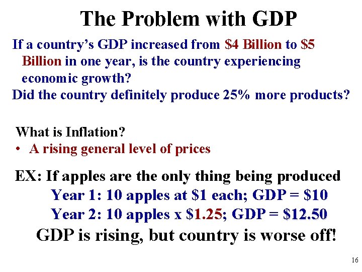 The Problem with GDP If a country’s GDP increased from $4 Billion to $5