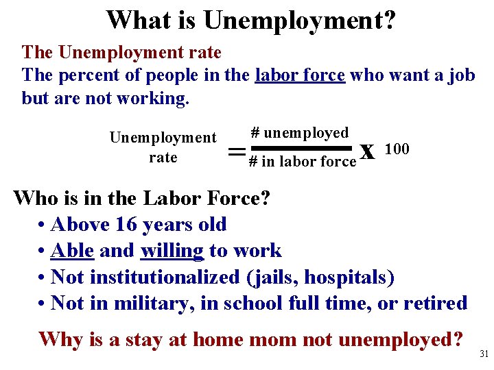 What is Unemployment? The Unemployment rate The percent of people in the labor force
