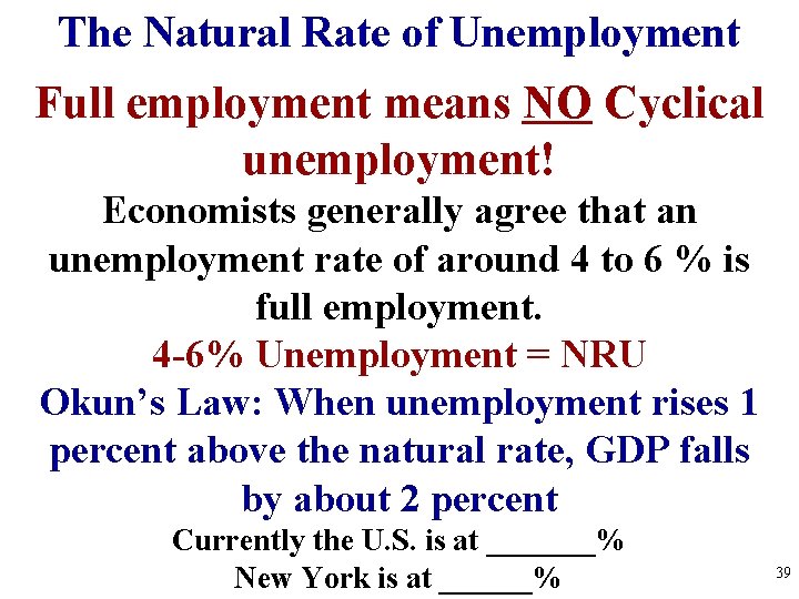 The Natural Rate of Unemployment Full employment means NO Cyclical unemployment! Economists generally agree