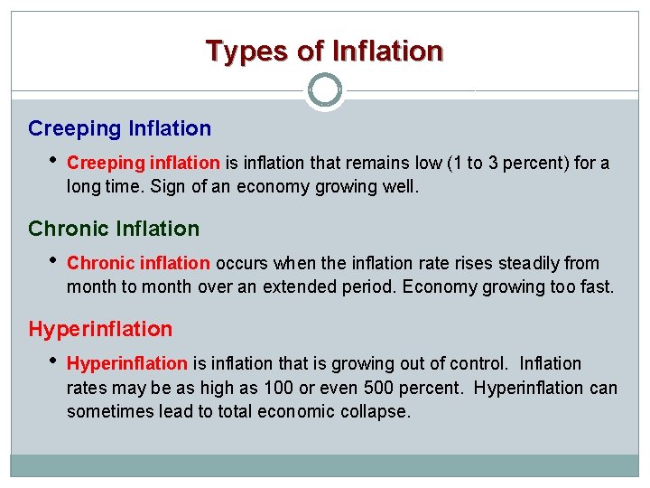 Types of Inflation Creeping Inflation • Creeping inflation is inflation that remains low (1