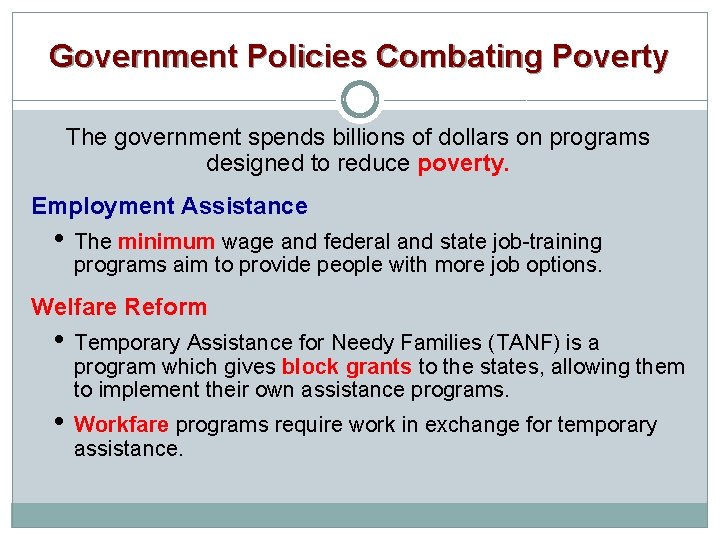 Government Policies Combating Poverty The government spends billions of dollars on programs designed to