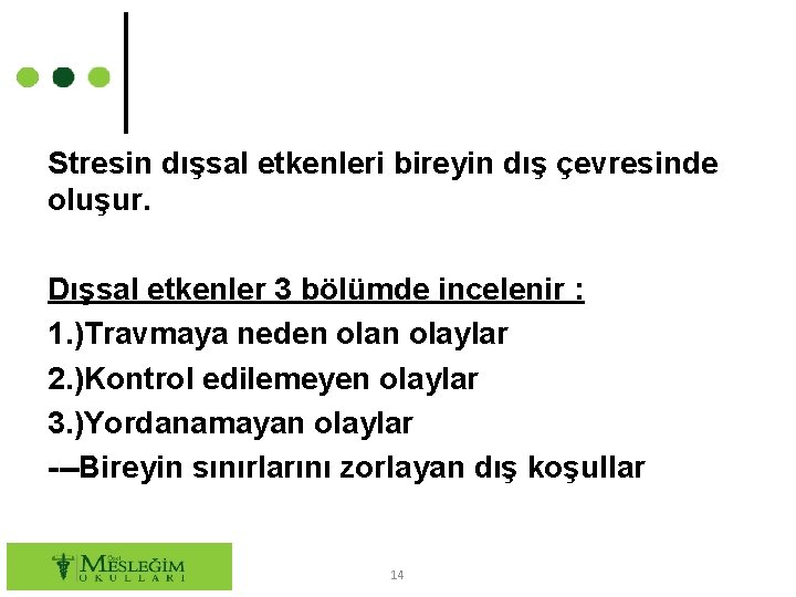 Stresin dışsal etkenleri bireyin dış çevresinde oluşur. Dışsal etkenler 3 bölümde incelenir : 1.