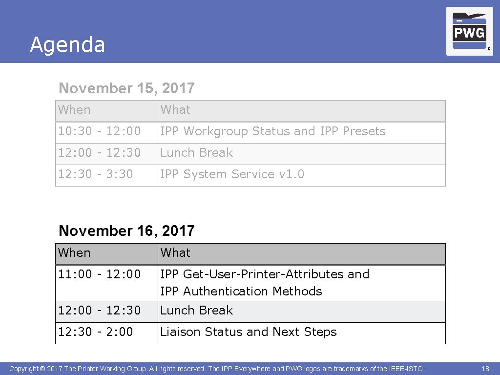 Agenda ® November 15, 2017 When What 10: 30 - 12: 00 IPP Workgroup