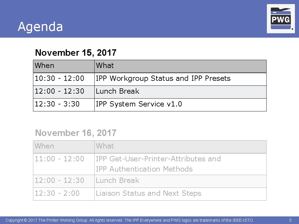 Agenda ® November 15, 2017 When What 10: 30 - 12: 00 IPP Workgroup