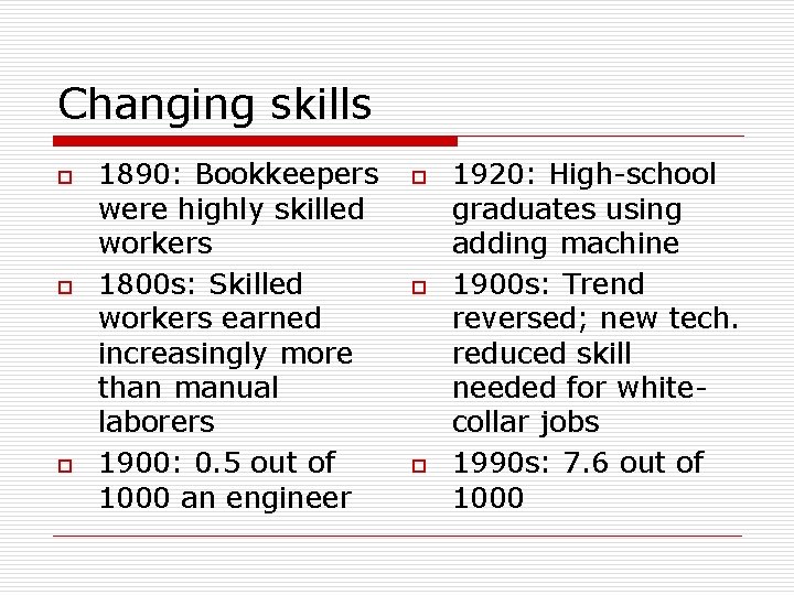 Changing skills o o o 1890: Bookkeepers were highly skilled workers 1800 s: Skilled