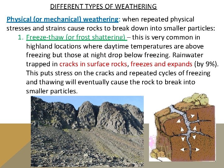 DIFFERENT TYPES OF WEATHERING Physical (or mechanical) weathering: when repeated physical stresses and strains