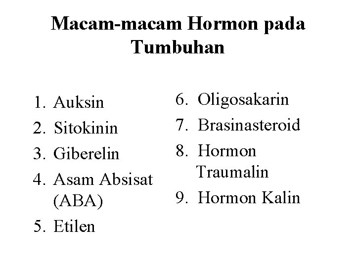 Macam-macam Hormon pada Tumbuhan 1. 2. 3. 4. Auksin Sitokinin Giberelin Asam Absisat (ABA)