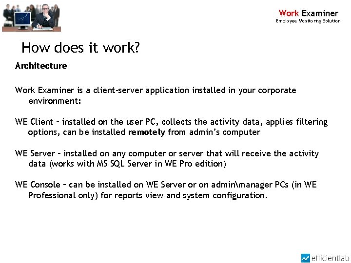 Work Examiner Employee Monitoring Solution How does it work? Architecture Work Examiner is a