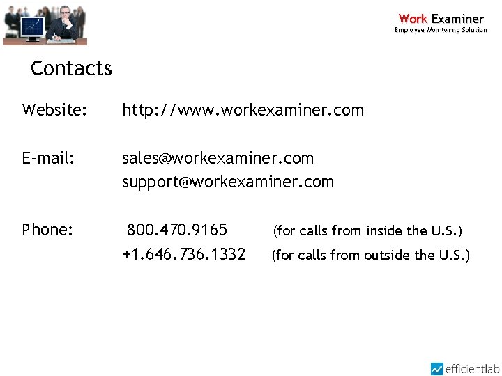 Work Examiner Employee Monitoring Solution Contacts Website: http: //www. workexaminer. com E-mail: sales@workexaminer. com