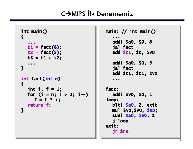 C MIPS İlk Denememiz int main() {. . . t 1 = fact(8); t C MIPS İlk Denememiz int main() {. . . t 1 = fact(8); t