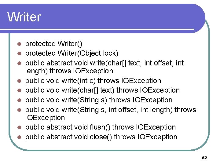 Writer l l l l l protected Writer() protected Writer(Object lock) public abstract void