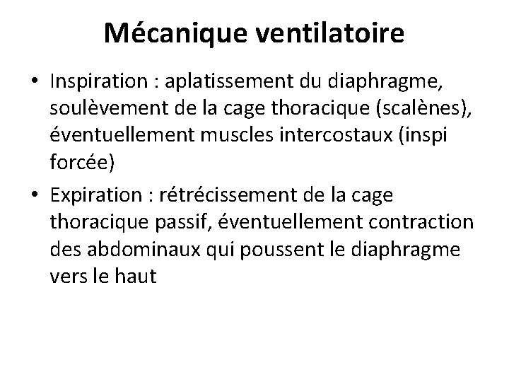 Mécanique ventilatoire • Inspiration : aplatissement du diaphragme, soulèvement de la cage thoracique (scalènes),