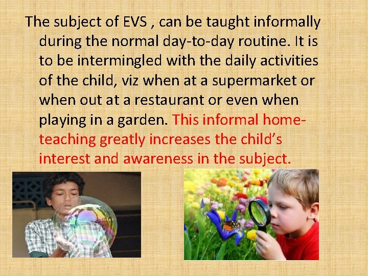 The subject of EVS , can be taught informally during the normal day-to-day routine.