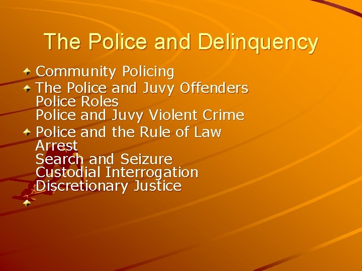 The Police and Delinquency Community Policing The Police and Juvy Offenders Police Roles Police