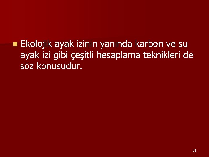 n Ekolojik ayak izinin yanında karbon ve su ayak izi gibi çeşitli hesaplama teknikleri