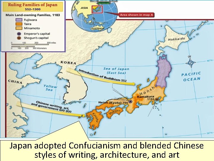 Japan adopted Confucianism and blended Chinese styles of writing, architecture, and art 