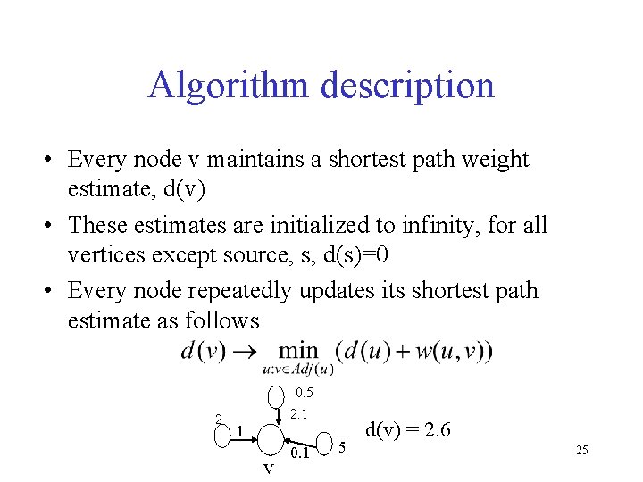 Algorithm description • Every node v maintains a shortest path weight estimate, d(v) •