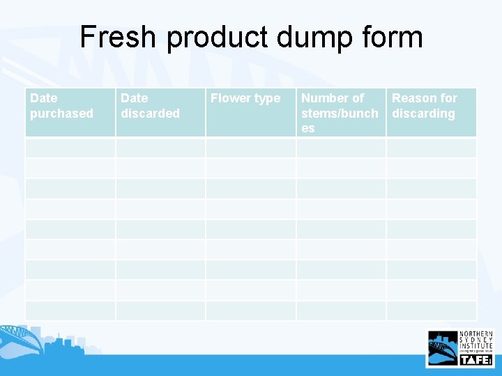 Fresh product dump form Date purchased Date discarded Flower type Number of stems/bunch es