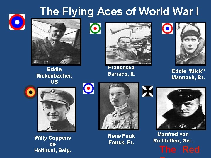 The Flying Aces of World War I Eddie Rickenbacher, US Francesco Barraco, It. Willy