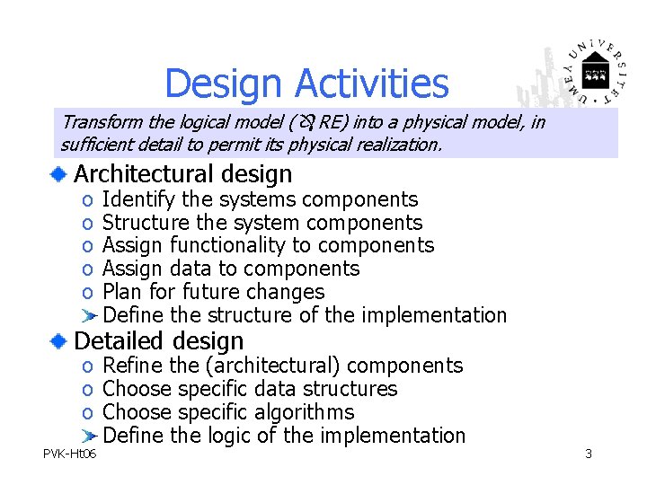 Design Activities Transform the logical model ( RE) into a physical model, in sufficient