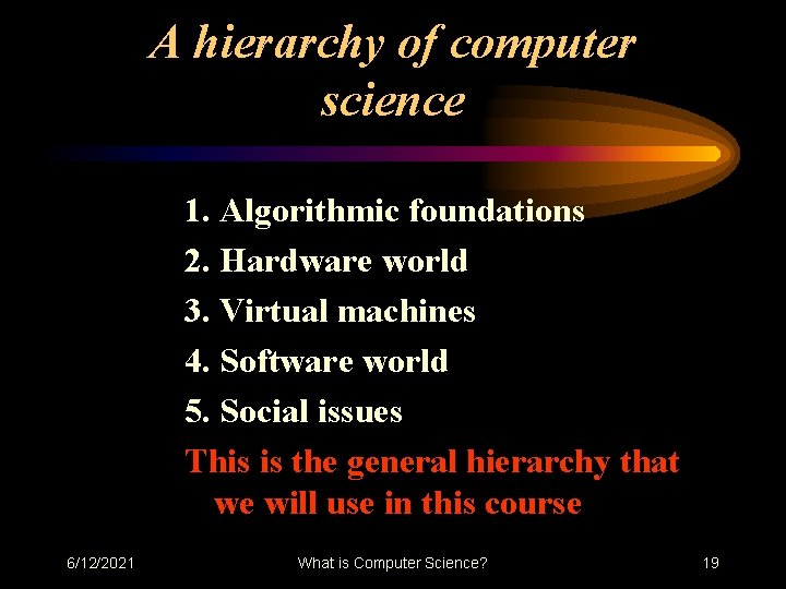 A hierarchy of computer science 1. Algorithmic foundations 2. Hardware world 3. Virtual machines A hierarchy of computer science 1. Algorithmic foundations 2. Hardware world 3. Virtual machines