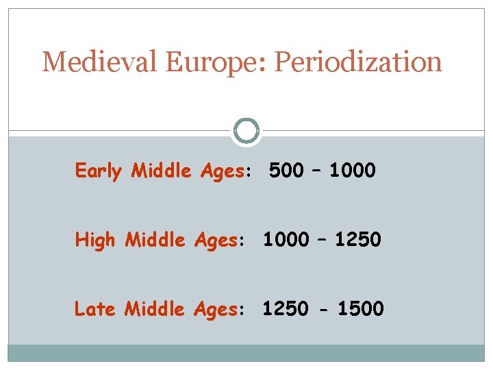 Medieval Europe: Periodization Early Middle Ages: 500 – 1000 High Middle Ages: 1000 –