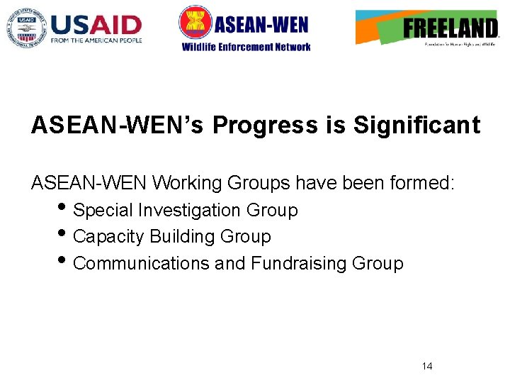 ASEAN-WEN’s Progress is Significant ASEAN-WEN Working Groups have been formed: • Special Investigation Group