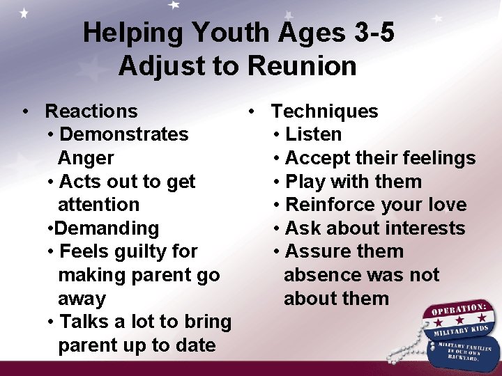 Helping Youth Ages 3 -5 Adjust to Reunion • Reactions • Techniques • Demonstrates