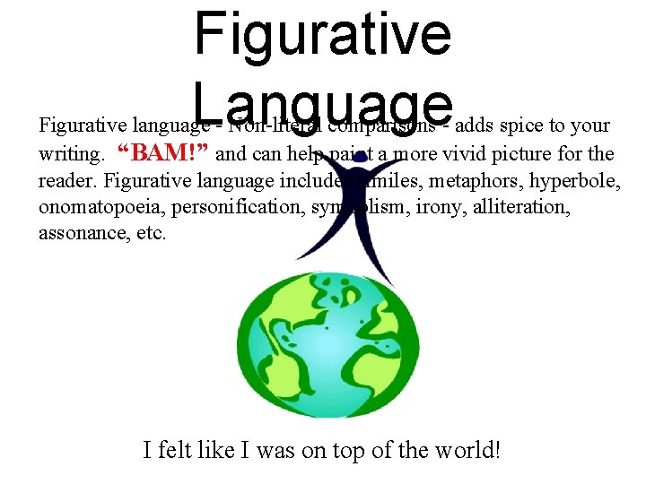 Figurative Language Figurative language - Non-literal comparisons - adds spice to your writing. “BAM!”