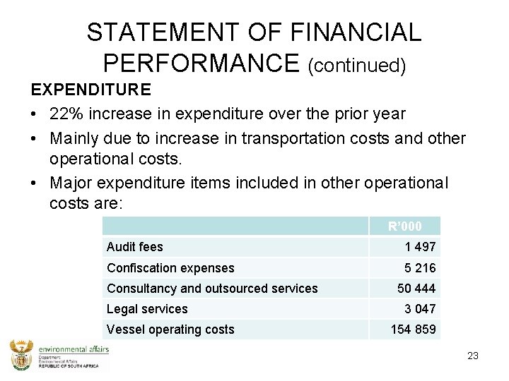 STATEMENT OF FINANCIAL PERFORMANCE (continued) EXPENDITURE • 22% increase in expenditure over the prior