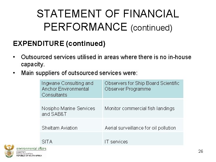 STATEMENT OF FINANCIAL PERFORMANCE (continued) EXPENDITURE (continued) • Outsourced services utilised in areas where