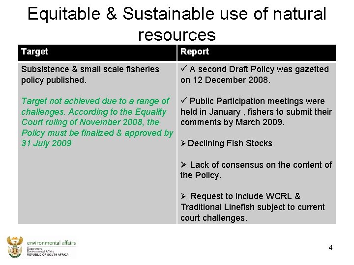 Equitable & Sustainable use of natural resources Target Report Subsistence & small scale fisheries