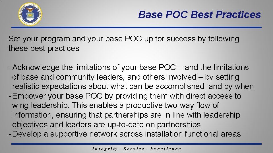 Base POC Best Practices Set your program and your base POC up for success Base POC Best Practices Set your program and your base POC up for success