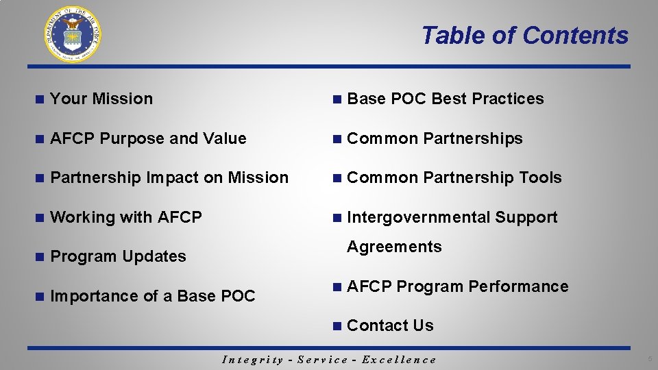 Table of Contents n Your Mission n Base POC Best Practices n AFCP Purpose Table of Contents n Your Mission n Base POC Best Practices n AFCP Purpose
