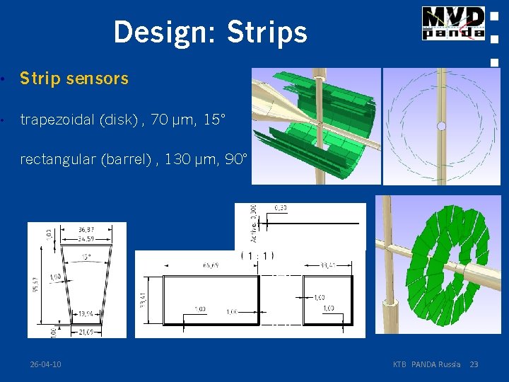 Design: Strips • Strip sensors • trapezoidal (disk) , 70 µm, 15° rectangular (barrel)