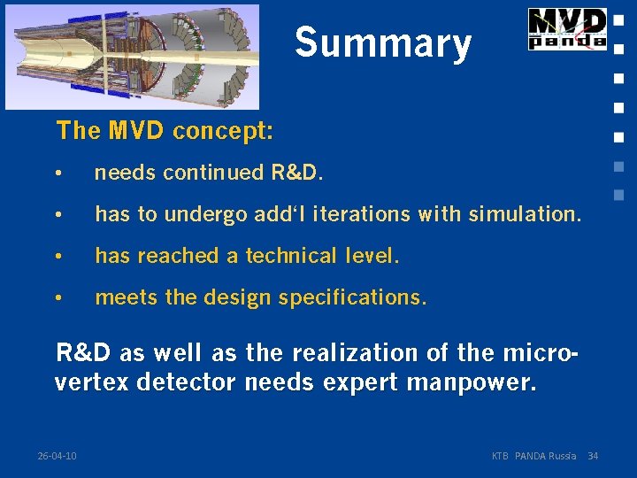 Summary The MVD concept: • needs continued R&D. • has to undergo add‘l iterations