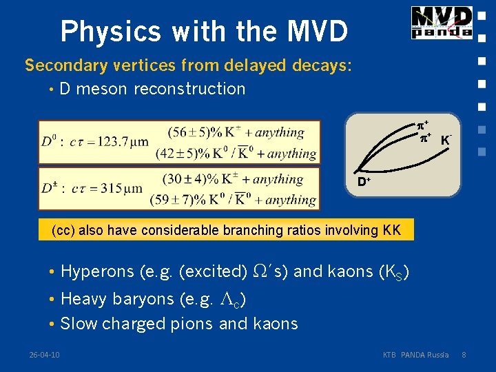 Physics with the MVD Secondary vertices from delayed decays: • D meson reconstruction +