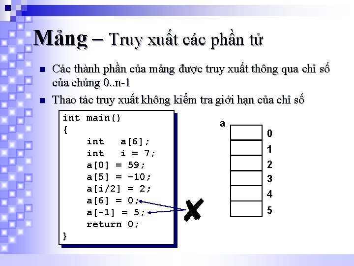 Mảng – Truy xuất các phần tử n n Các thành phần của mảng