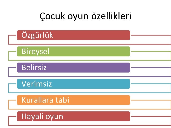 Çocuk oyun özellikleri Özgürlük Bireysel Belirsiz Verimsiz Kurallara tabi Hayali oyun 